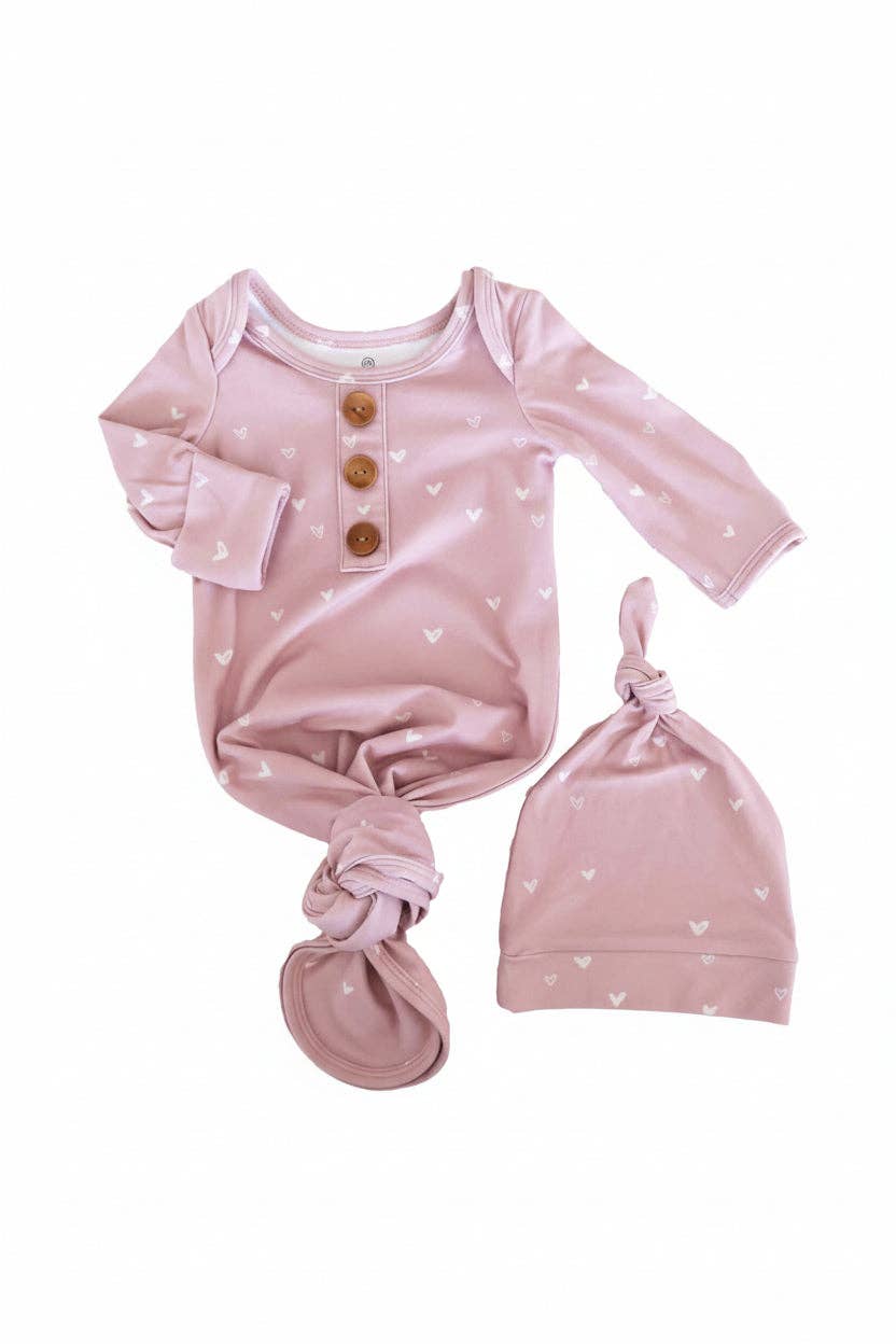 Tiny Hearts in Dusty Pink Newborn Baby Knot Gown & Hat Set — Caden Lane Baby Sleepwear