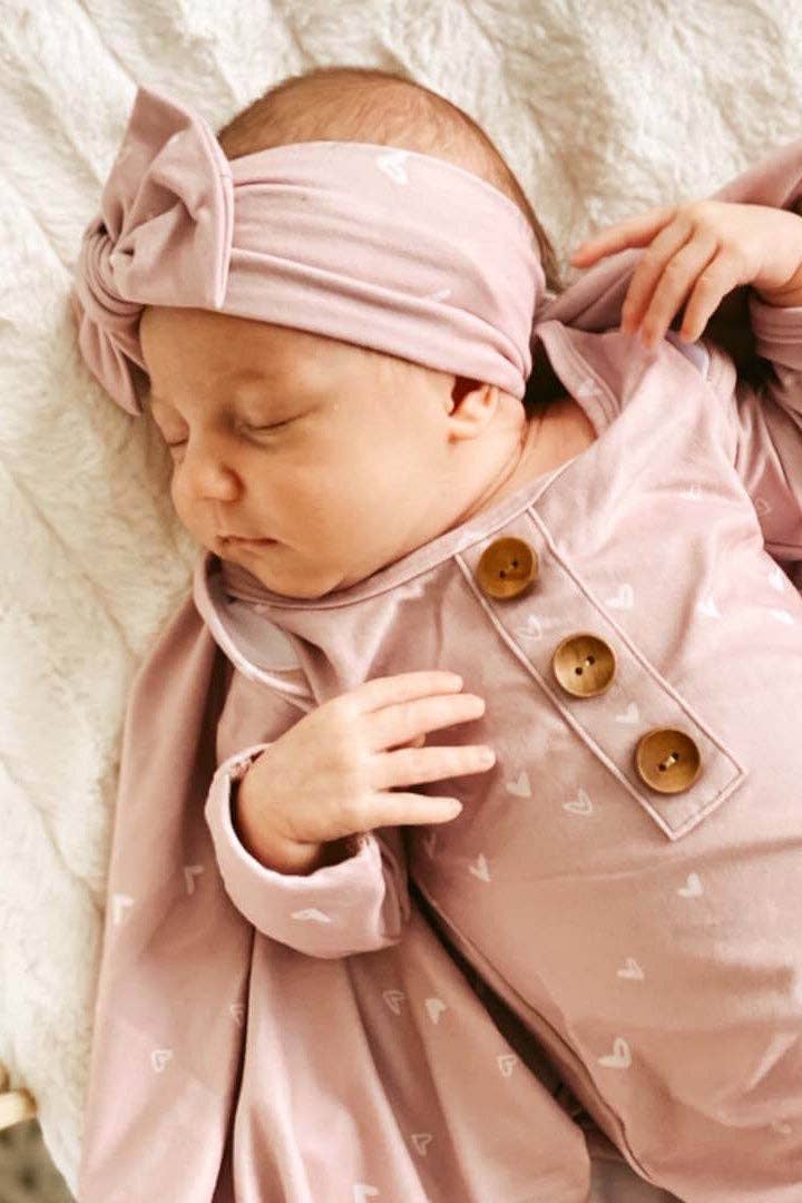 Tiny Hearts in Dusty Pink Newborn Baby Knot Gown & Hat Set — Caden Lane Baby Sleepwear
