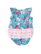 Baby Girls Fancy Me Floral Sleeveless Waterfall Bubble Romper with Signature Rear Ruffles