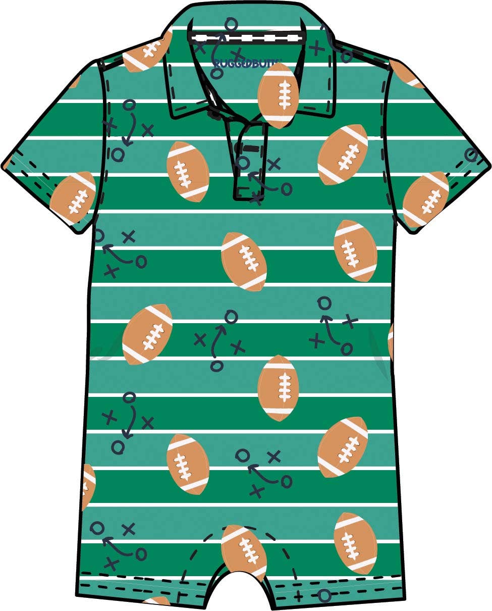 Boys Tackles & Touchdowns Football Knit Short Sleeve Performance Polo Romper — RuffleButts + RuggedButts