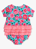 Baby Girls Bright Blossoms Knit Short Sleeve Bow Bubble Romper — RuffleButts + RuggedButts Baby & Toddler Outfits