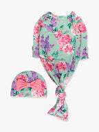 SoftSnooze™ Baby Girls Bamboo Viscose Sage Garden Ruffle Knotted Sleep Gown & Bow Hat Set
