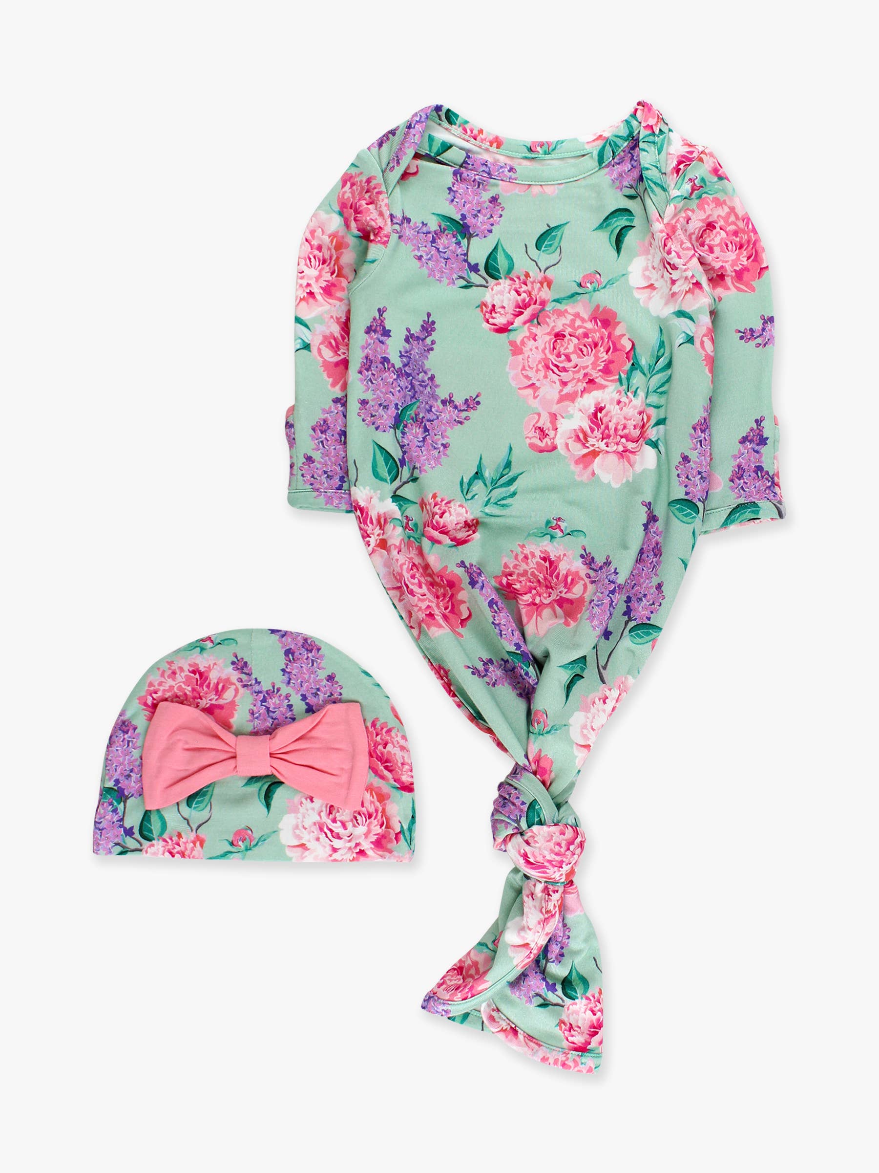 SoftSnooze™ Baby Girls Bamboo Viscose Sage Garden Ruffle Knotted Sleep Gown & Bow Hat Set