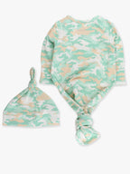 SoftSnooze™ Baby Cotton Modal Sage Trail Camo Knotted Sleep Gown & Hat Set — RuffleButts + RuggedButts Baby Sleepwear