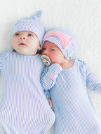 SoftSnooze™ Baby Boys Bamboo Viscose Periwinkle & White Micro Stripe Knotted Sleep Gown & Hat Set