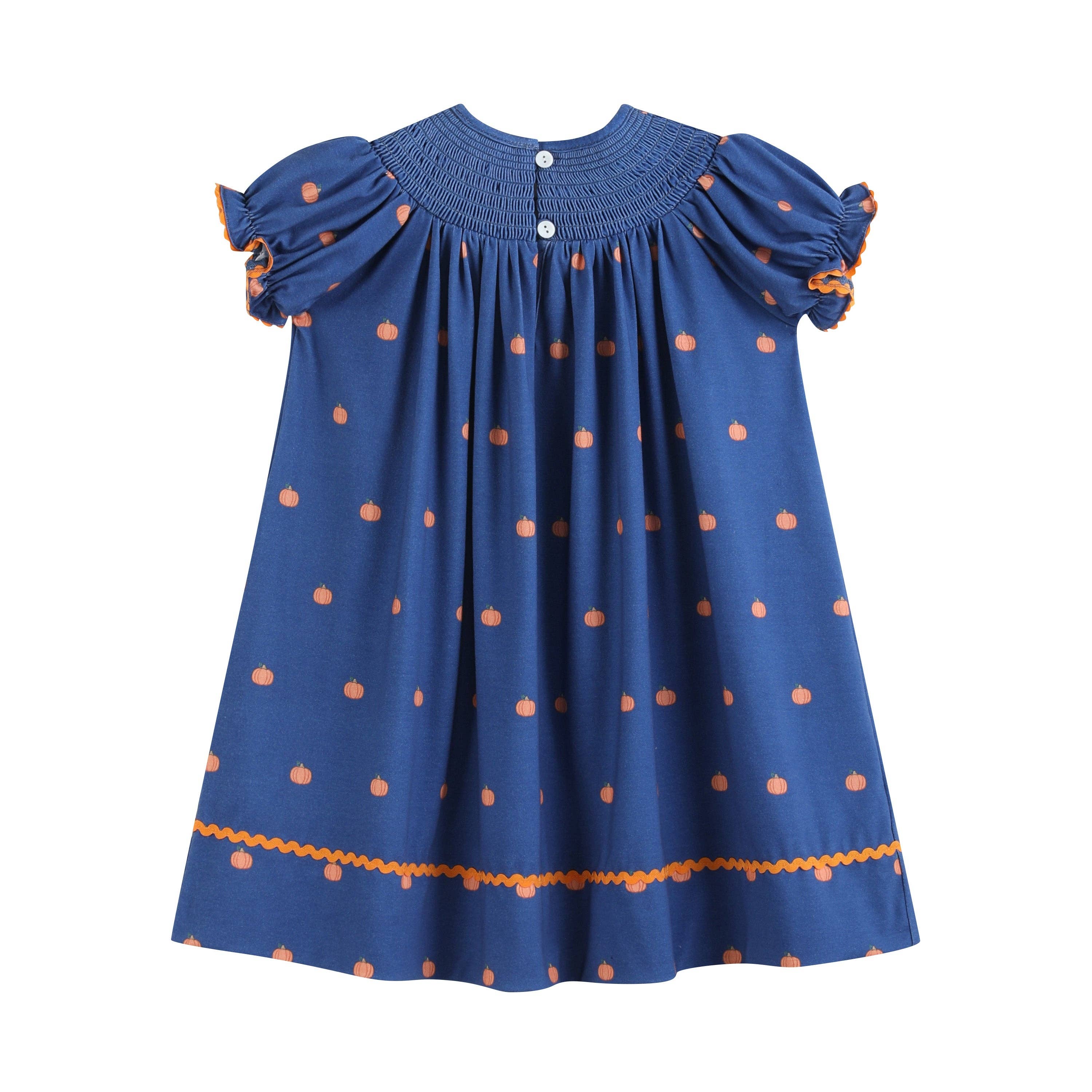 Blue Pumpkin Print Knit Smocked Bishop Dress — Lil Cactus Baby & Toddler Dresses