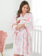 SoftSnooze™ Baby Girls Bamboo Viscose Pink Butterfly Garden Toile Ruffle Knotted Sleep Gown & Bow Hat Set