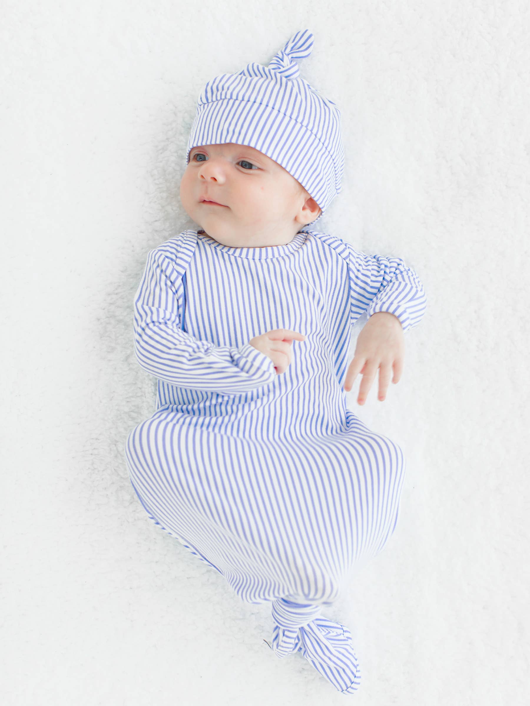 SoftSnooze™ Baby Boys Bamboo Viscose Periwinkle & White Micro Stripe Knotted Sleep Gown & Hat Set