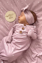 Tiny Hearts in Dusty Pink Newborn Baby Knot Gown & Hat Set — Caden Lane Baby Sleepwear