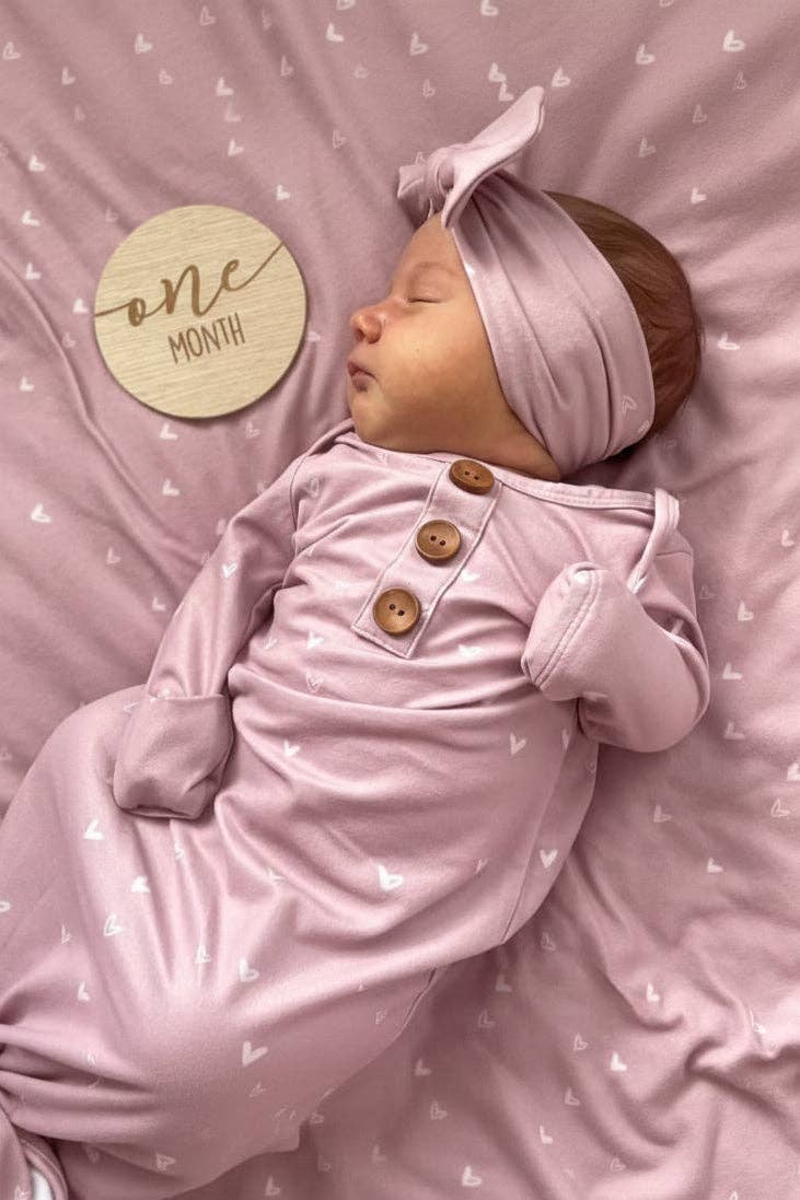 Tiny Hearts in Dusty Pink Newborn Baby Knot Gown & Hat Set — Caden Lane Baby Sleepwear