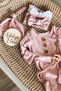Tiny Hearts in Dusty Pink Newborn Baby Knot Gown & Hat Set — Caden Lane Baby Sleepwear