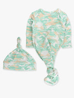 SoftSnooze™ Baby Cotton Modal Sage Trail Camo Knotted Sleep Gown & Hat Set — RuffleButts + RuggedButts Baby Sleepwear