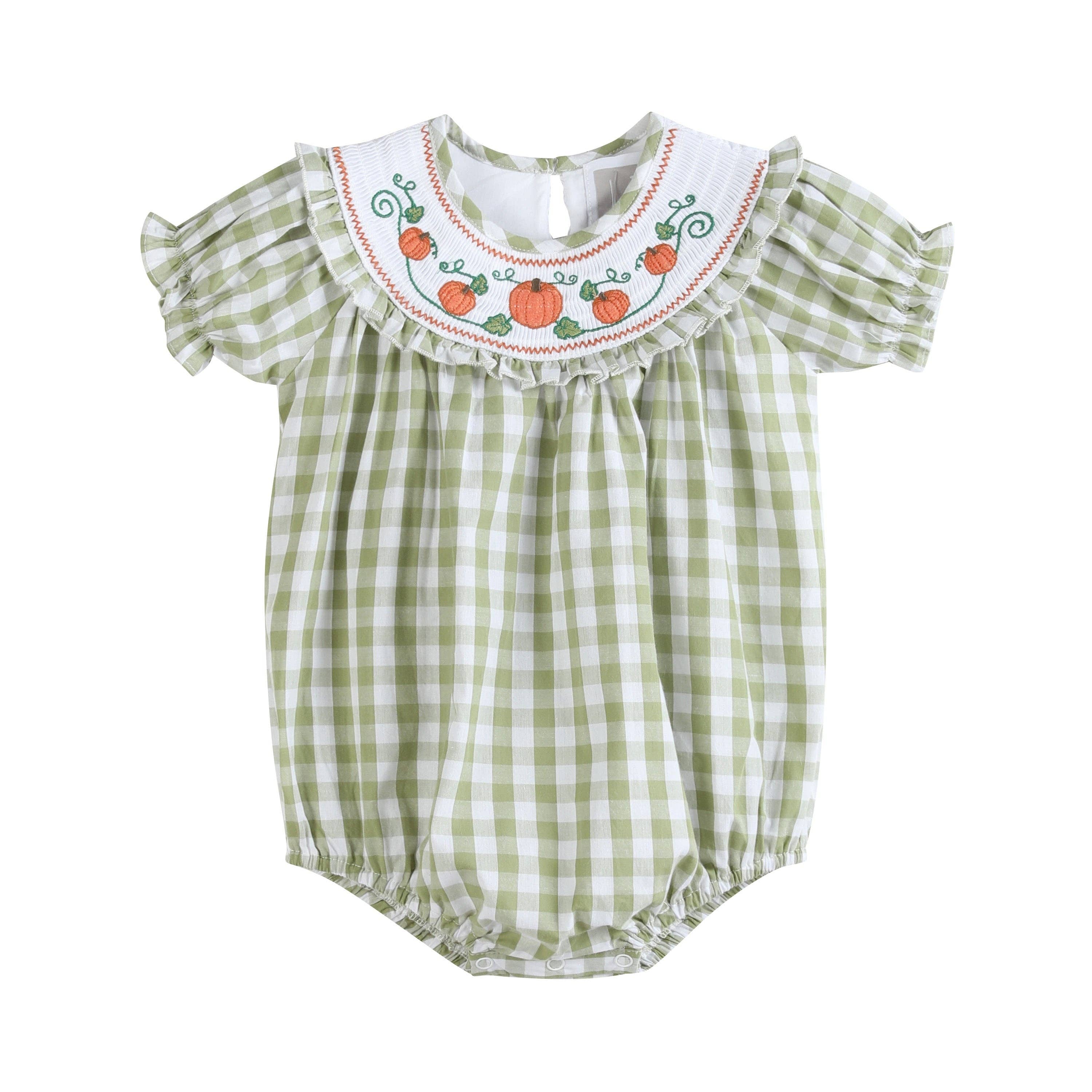 Sage Green Gingham Pumpkin Smocked Romper — Lil Cactus Baby & Toddler Outfits