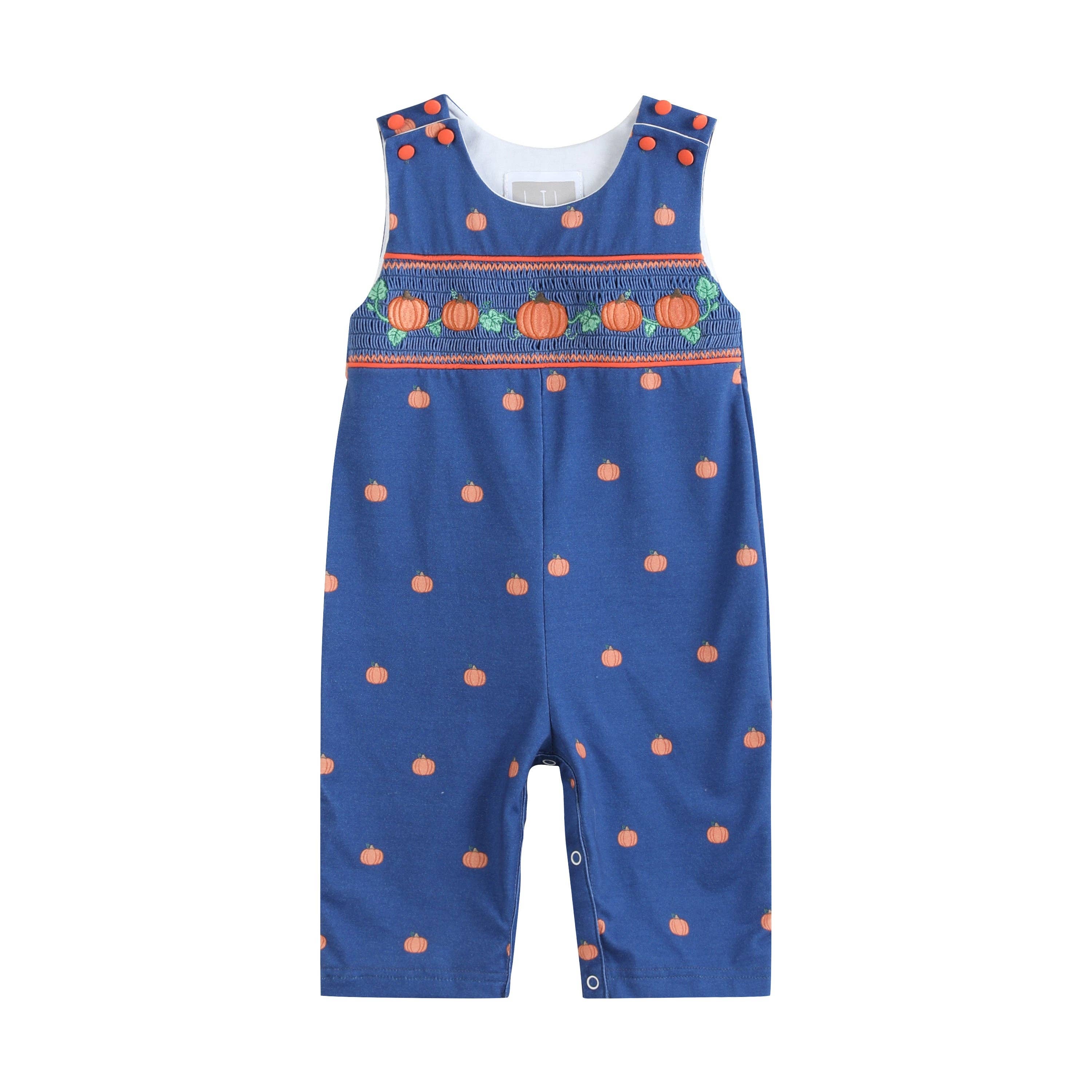 Blue Pumpkin Print Knit Smocked Overalls — Lil Cactus