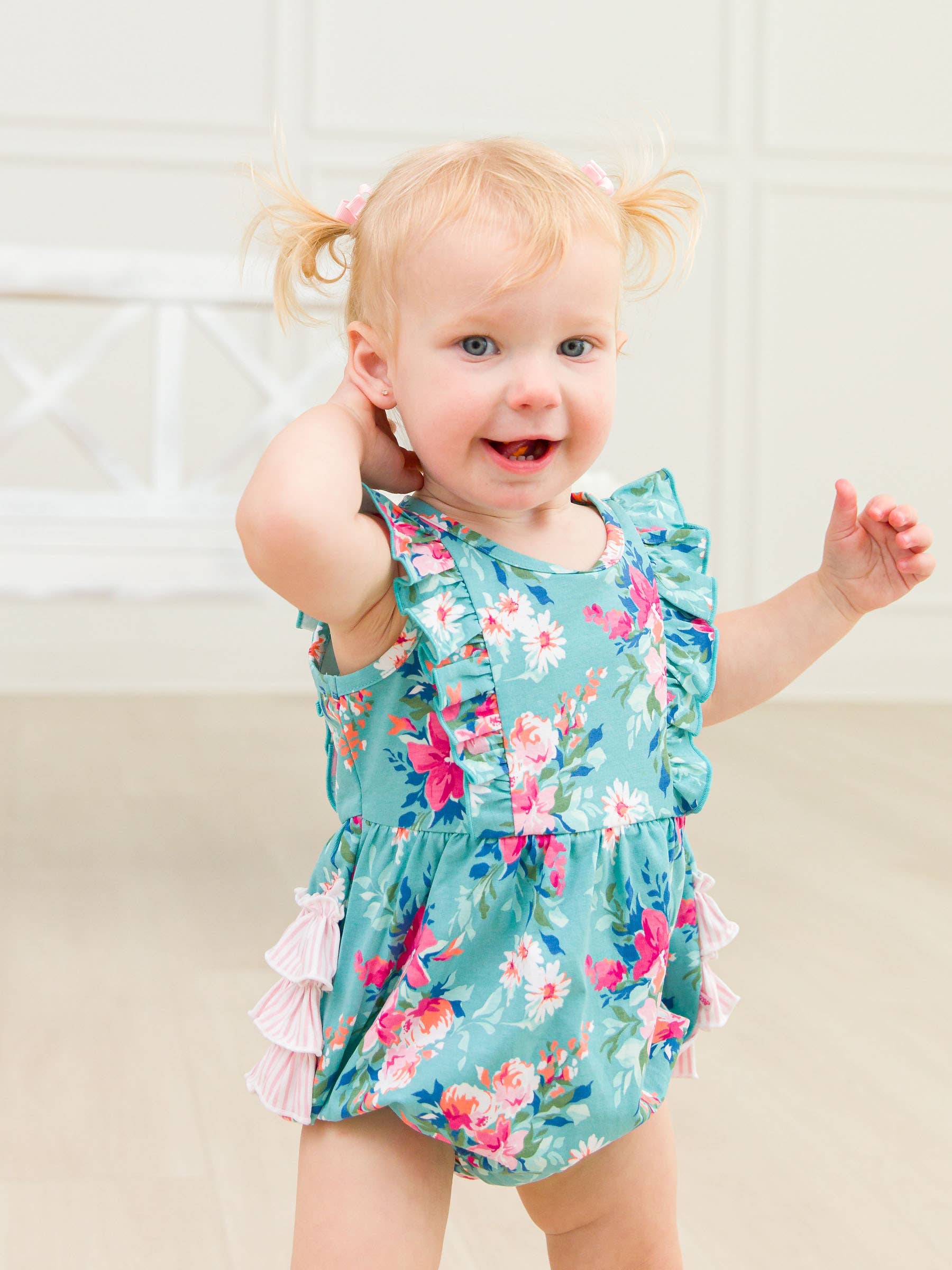 Baby Girls Fancy Me Floral Sleeveless Waterfall Bubble Romper with Signature Rear Ruffles