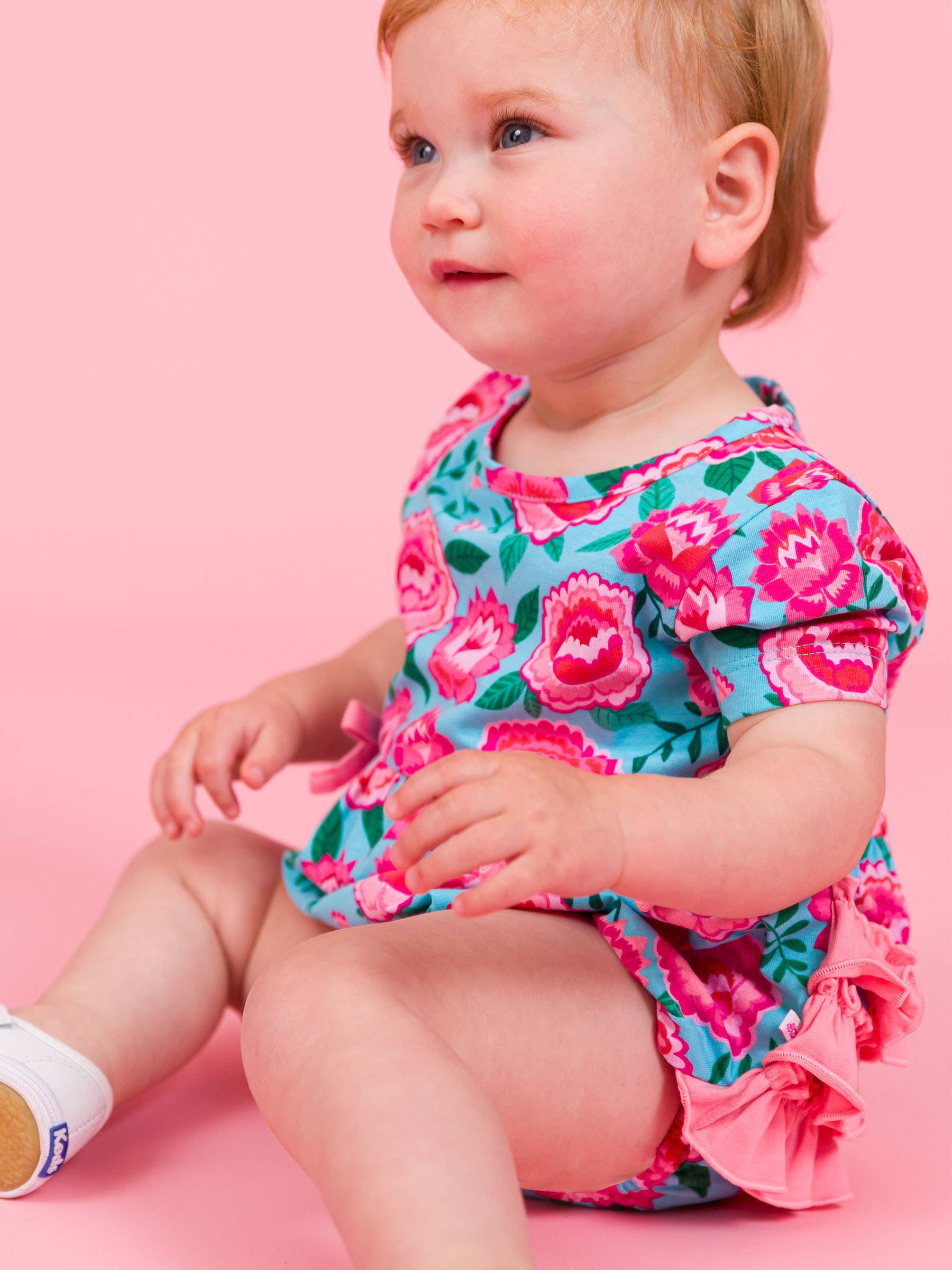 Baby Girls Bright Blossoms Knit Short Sleeve Bow Bubble Romper — RuffleButts + RuggedButts Baby & Toddler Outfits