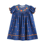 Blue Pumpkin Print Knit Smocked Bishop Dress — Lil Cactus Baby & Toddler Dresses