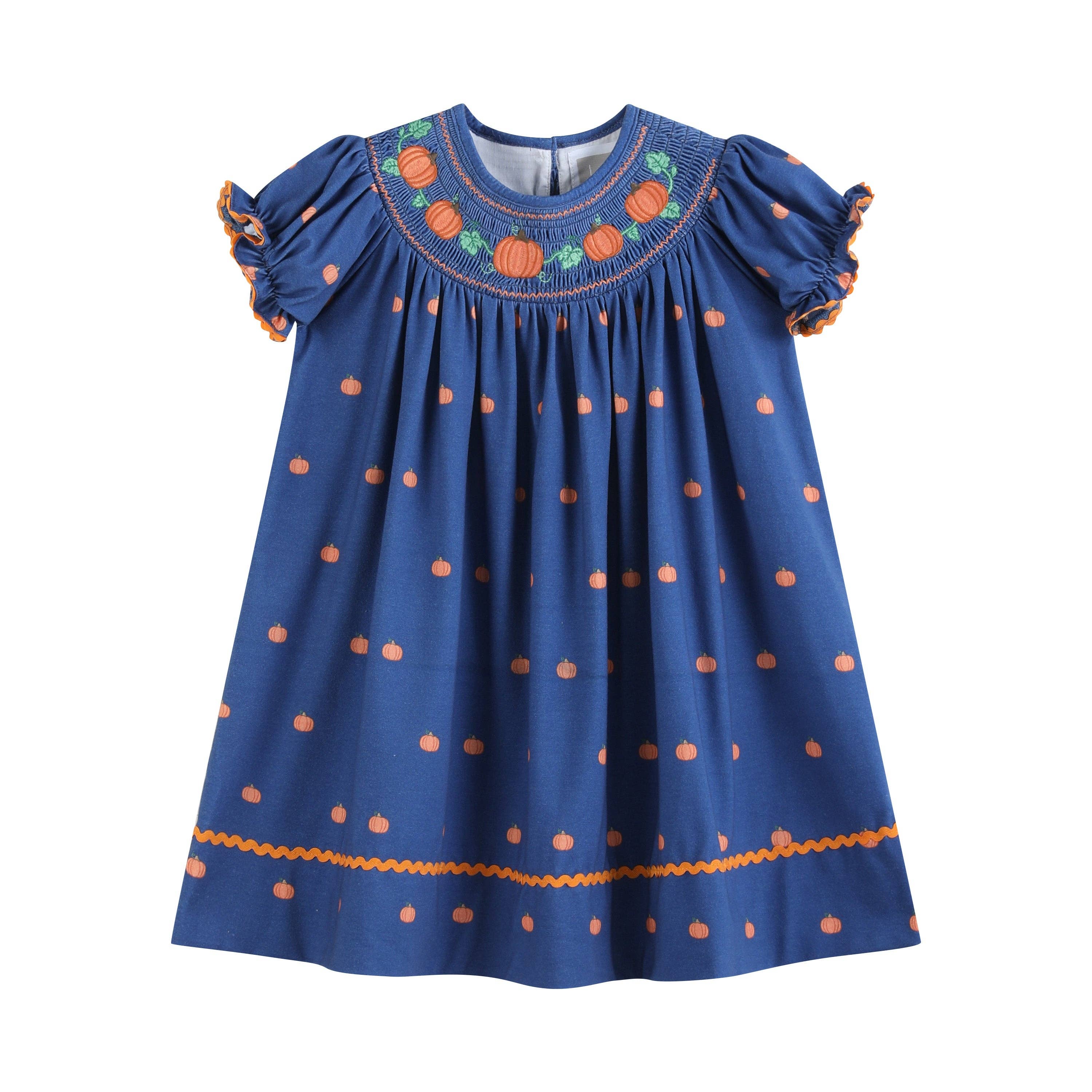 Blue Pumpkin Print Knit Smocked Bishop Dress — Lil Cactus Baby & Toddler Dresses