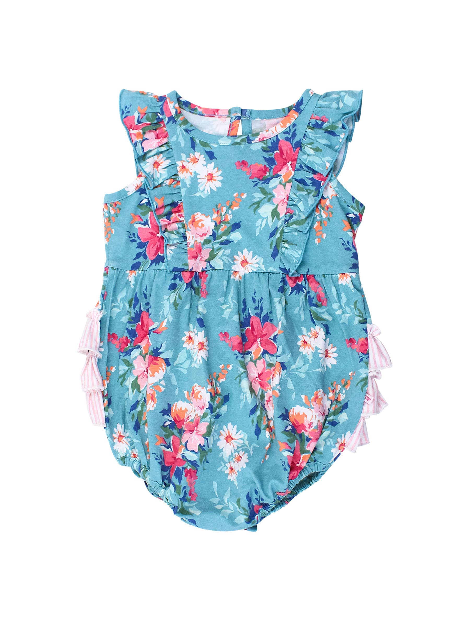 Baby Girls Fancy Me Floral Sleeveless Waterfall Bubble Romper with Signature Rear Ruffles