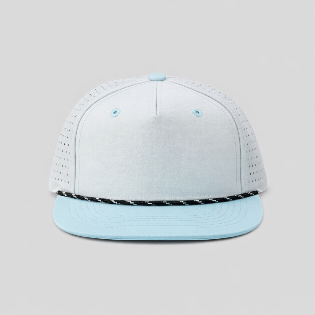 Perforated Structured Nylon Ripstop Ash Gray-Sky Blue / Black-White Rope — Blank Rope Hats Hats & Caps