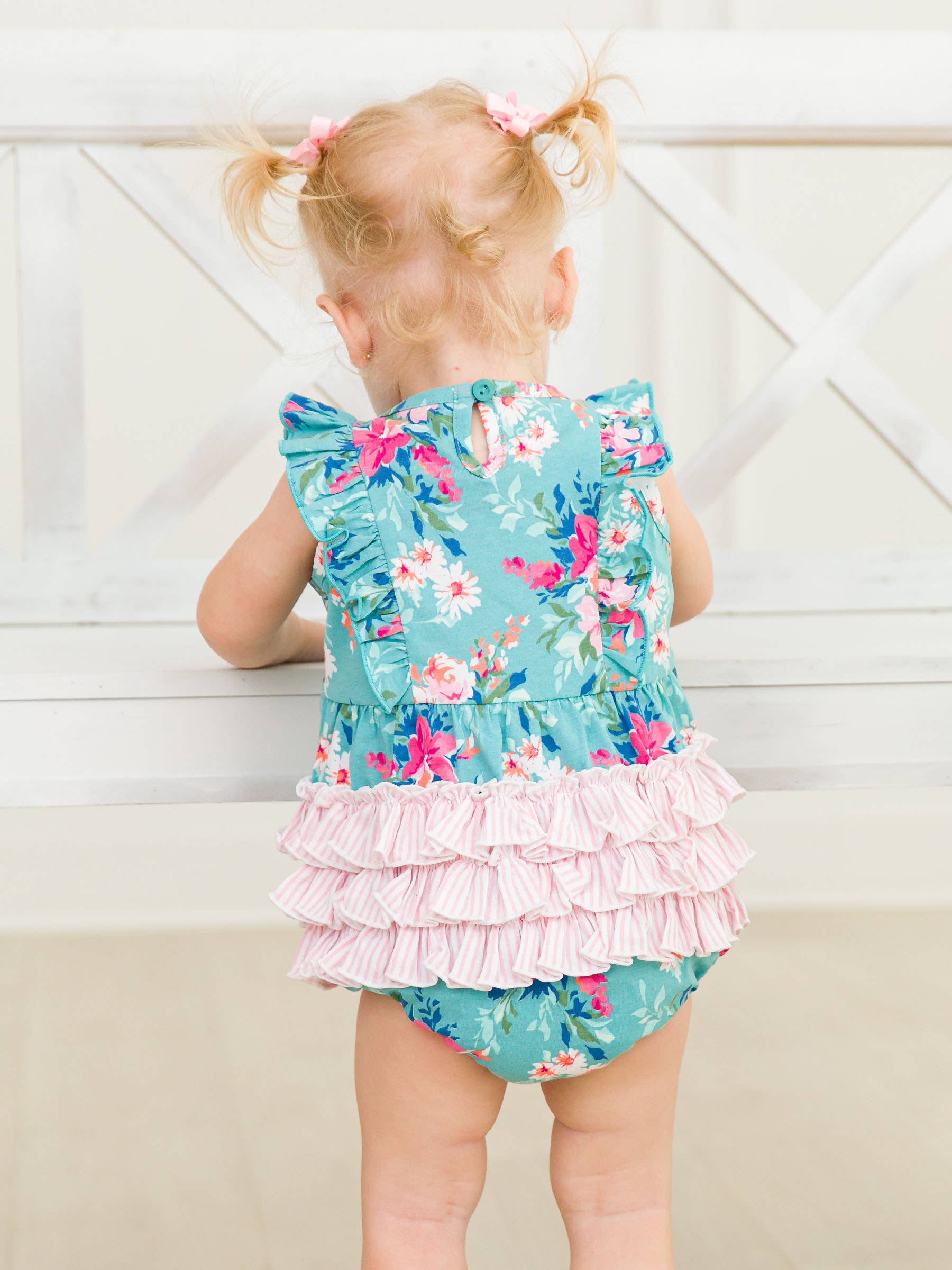 Baby Girls Fancy Me Floral Sleeveless Waterfall Bubble Romper with Signature Rear Ruffles