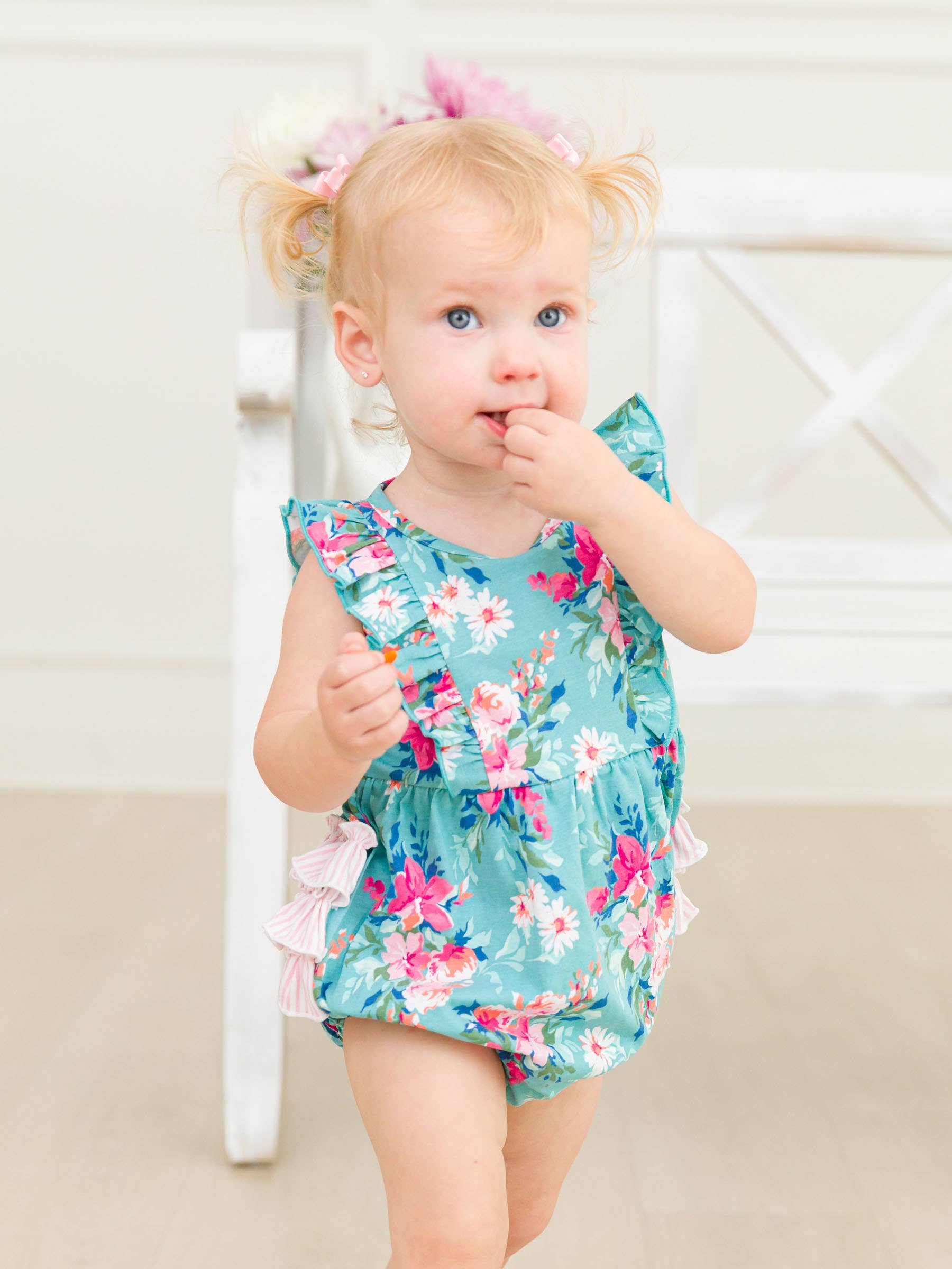 Baby Girls Fancy Me Floral Sleeveless Waterfall Bubble Romper with Signature Rear Ruffles