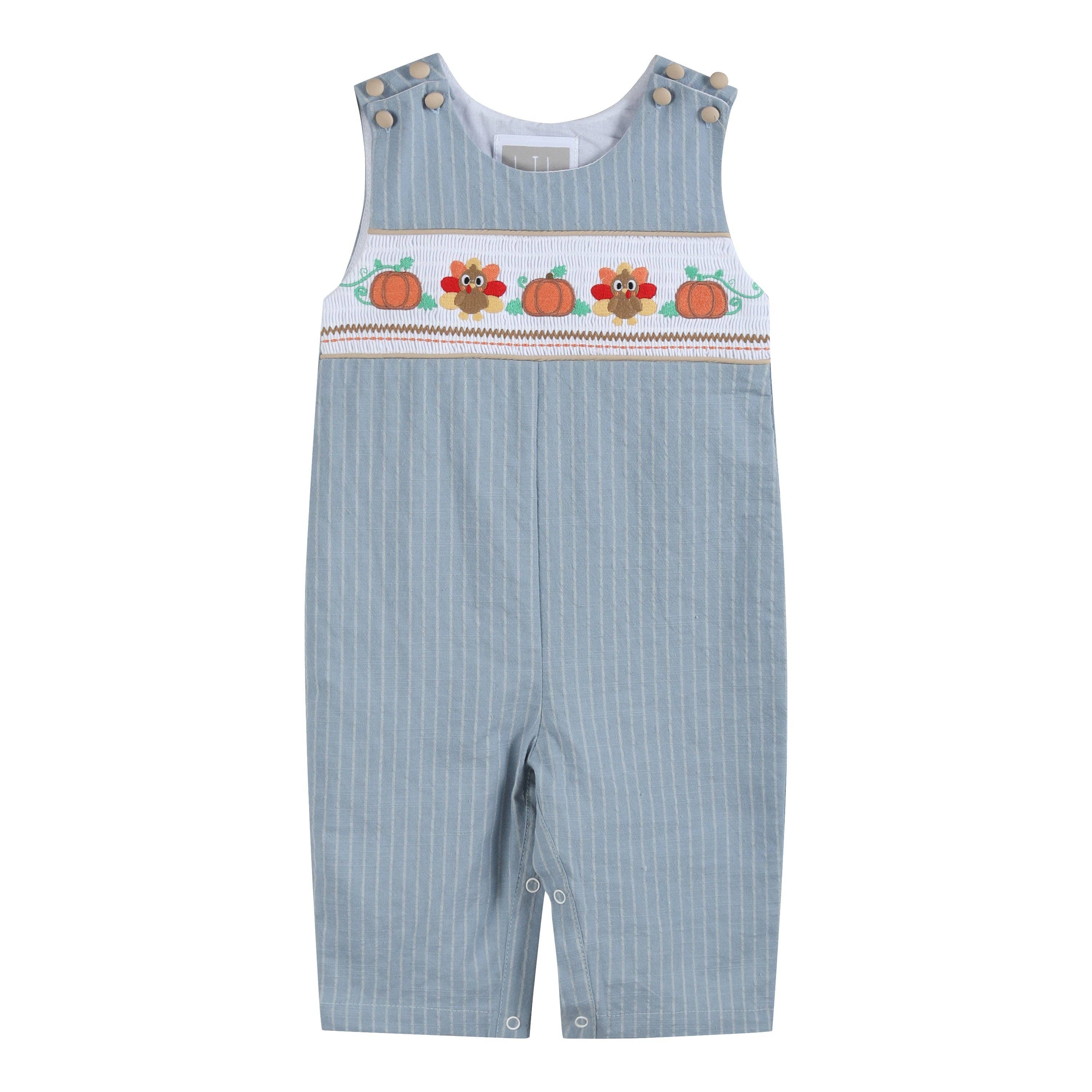 Light Blue Pinstripe Turkey Smocked Overalls — Lil Cactus Baby & Toddler Outfits