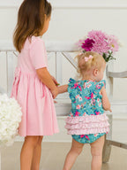 Baby Girls Fancy Me Floral Sleeveless Waterfall Bubble Romper with Signature Rear Ruffles
