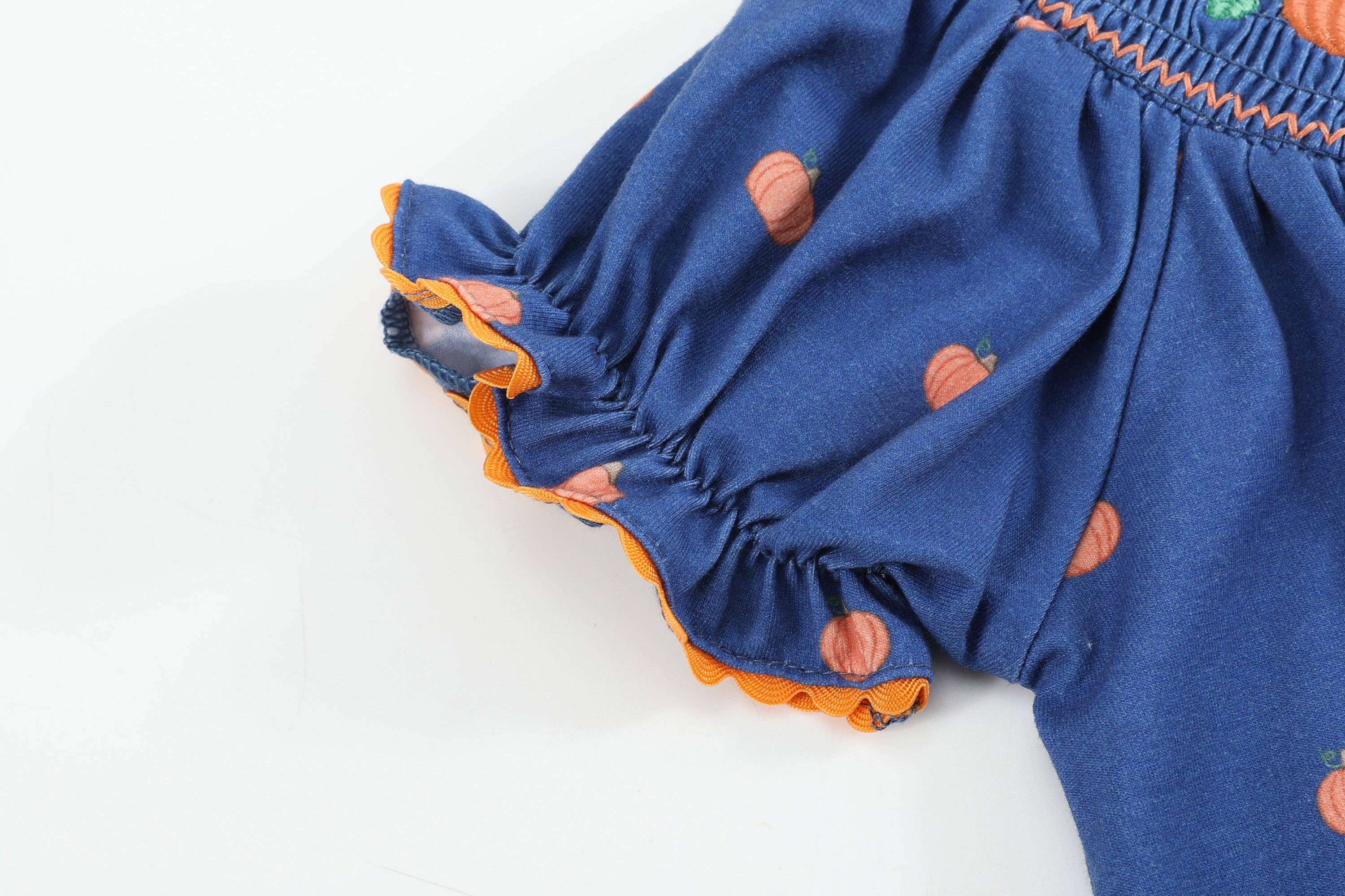Blue Pumpkin Print Knit Smocked Bishop Dress — Lil Cactus Baby & Toddler Dresses