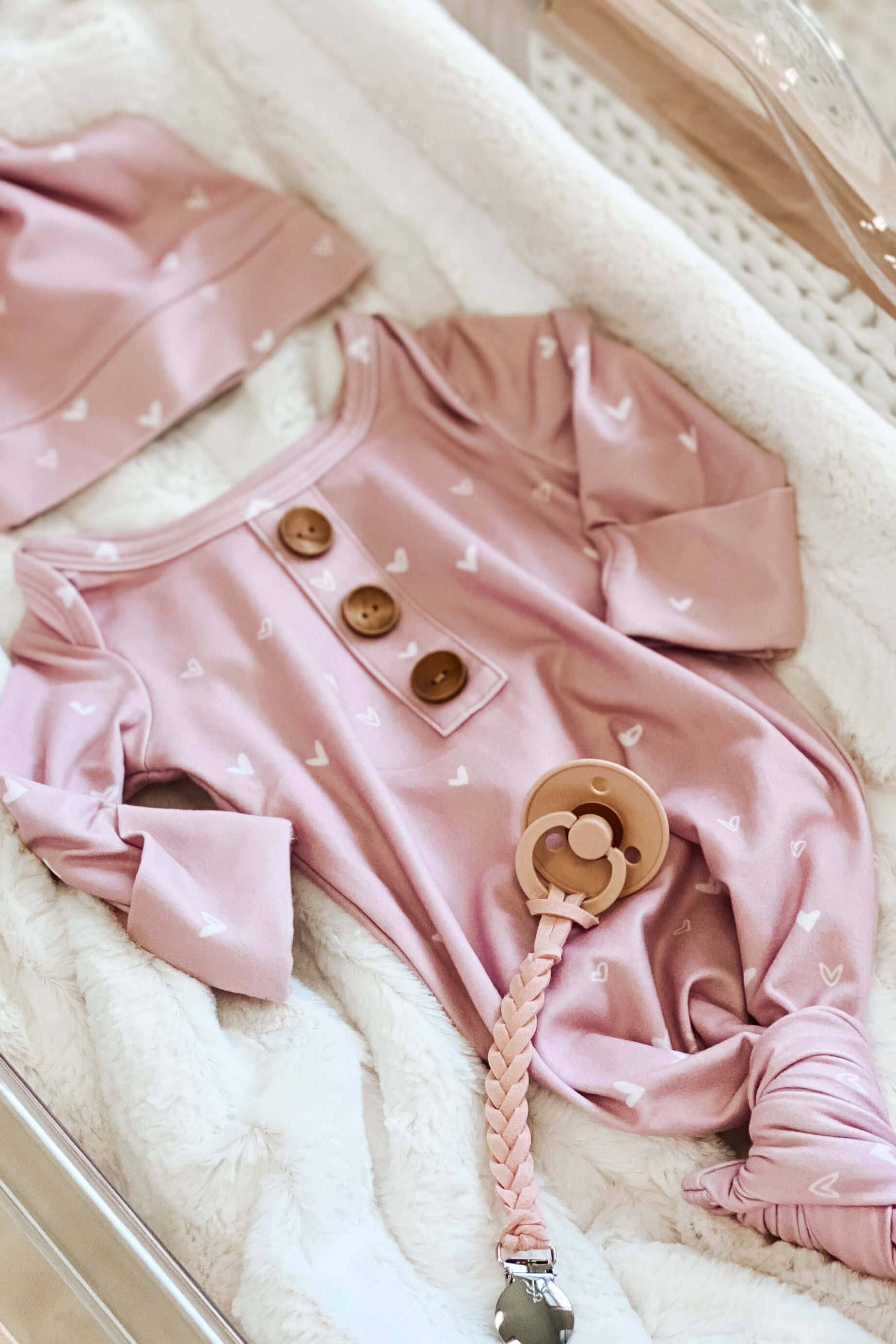Tiny Hearts in Dusty Pink Newborn Baby Knot Gown & Hat Set — Caden Lane Baby Sleepwear