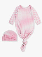 SoftSnooze™ Baby Girls Cotton Modal Pink Gingham Ruffle Knotted Sleep Gown & Bow Hat Set