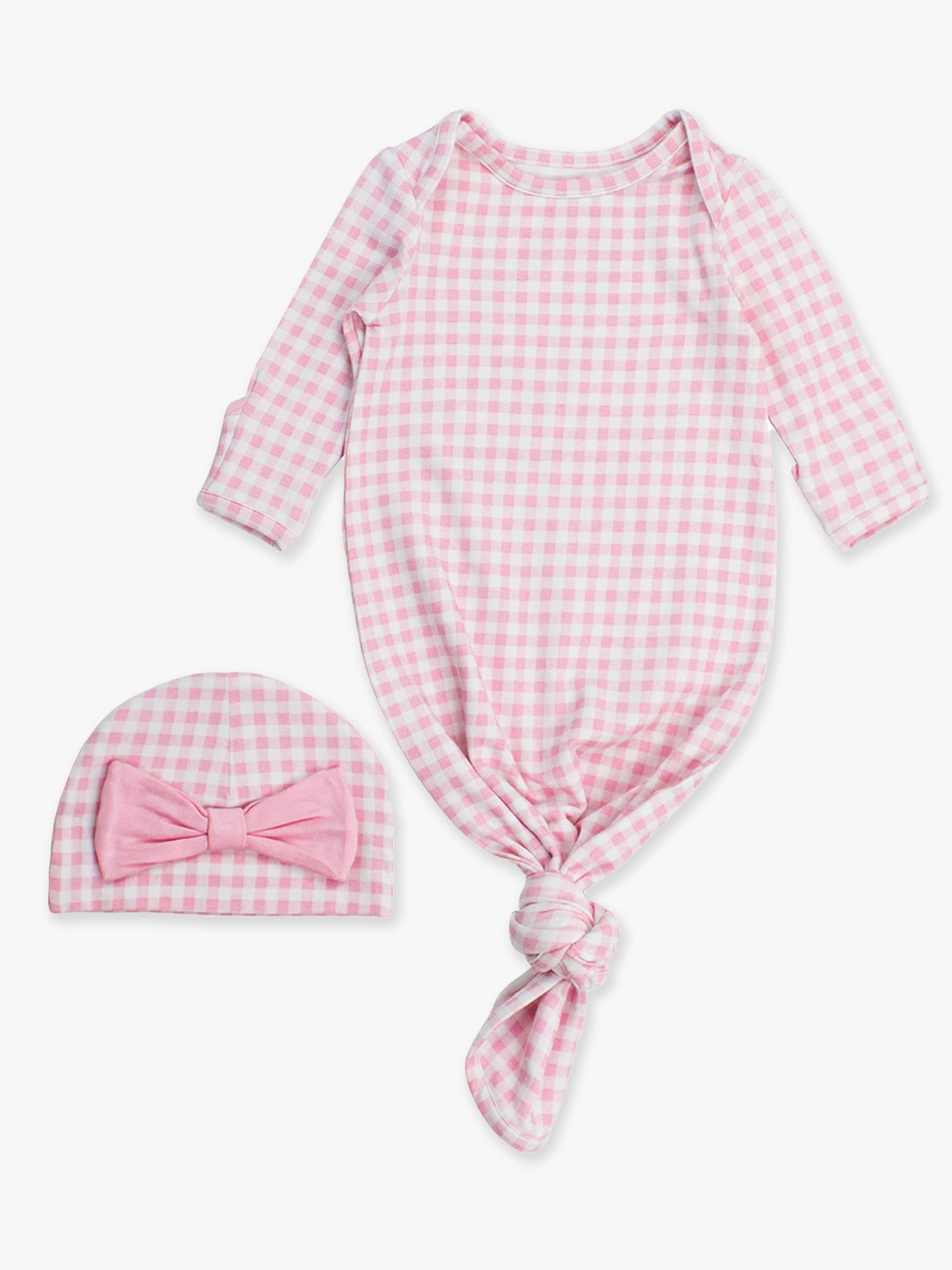 SoftSnooze™ Baby Girls Cotton Modal Pink Gingham Ruffle Knotted Sleep Gown & Bow Hat Set