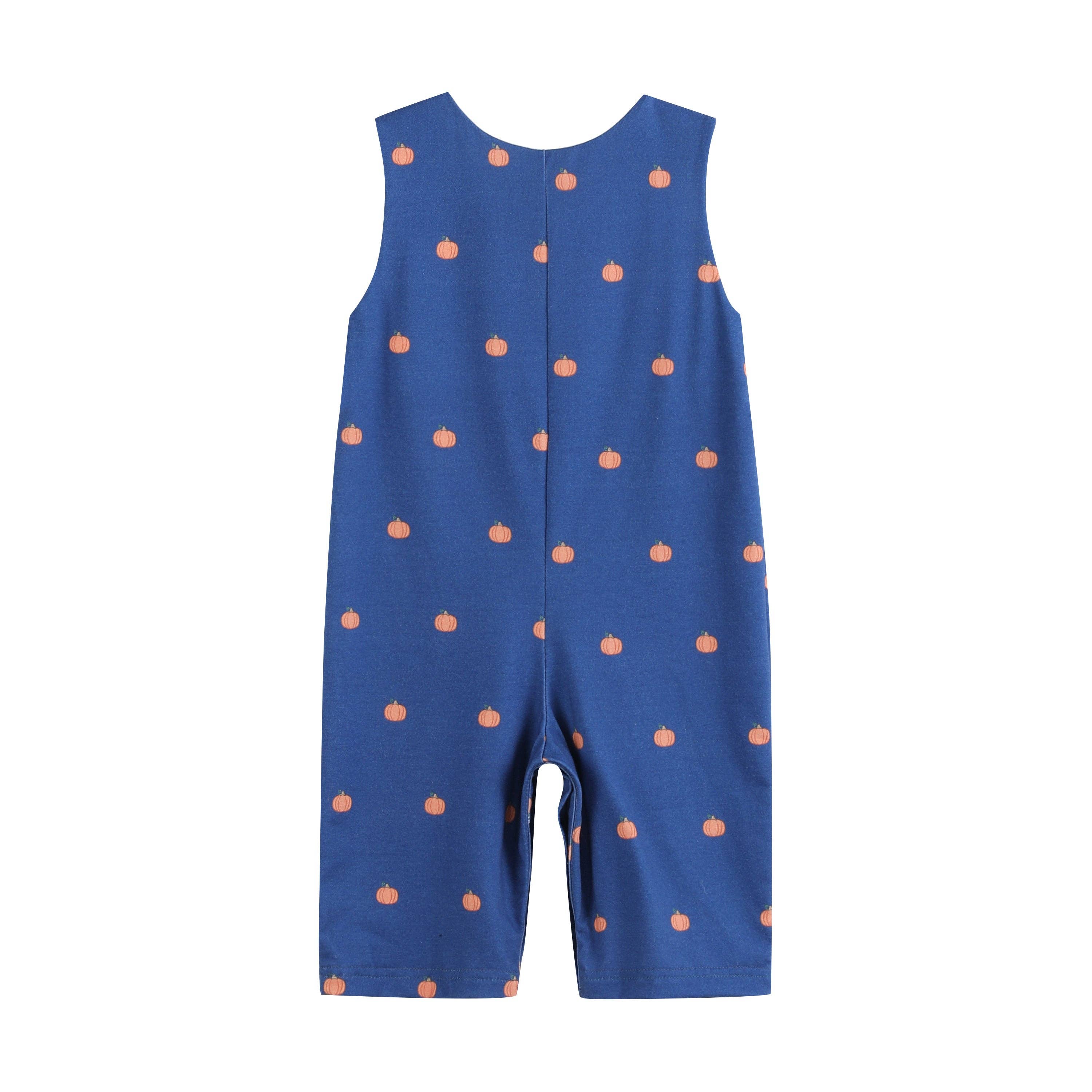 Blue Pumpkin Print Knit Smocked Overalls — Lil Cactus
