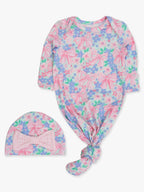 SoftSnooze™ Baby Girls Bow Blooms Ruffle Knotted Sleep Gown & Bow Hat Set — RuffleButts + RuggedButts Baby Sleepwear