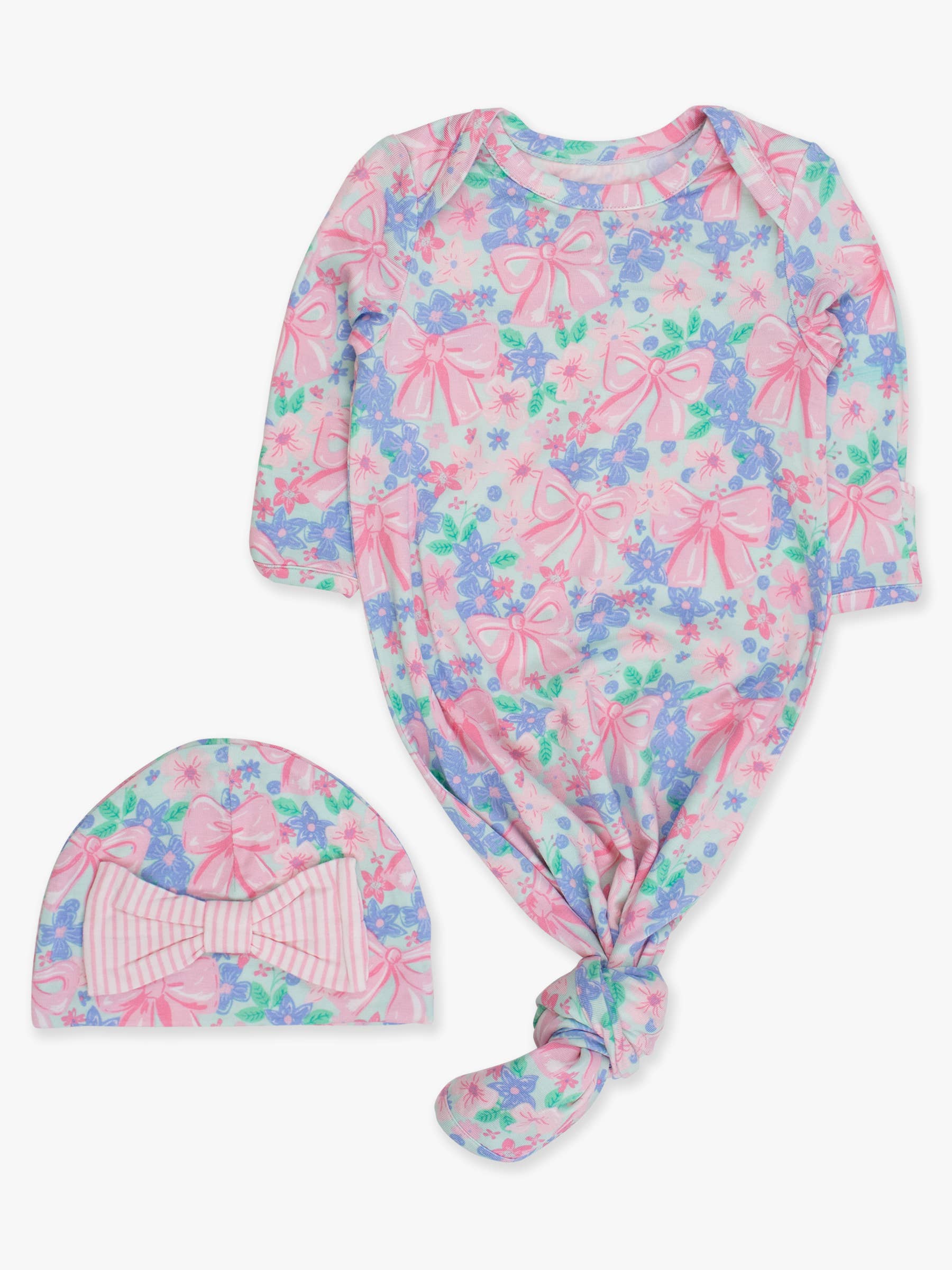 SoftSnooze™ Baby Girls Bow Blooms Ruffle Knotted Sleep Gown & Bow Hat Set — RuffleButts + RuggedButts Baby Sleepwear