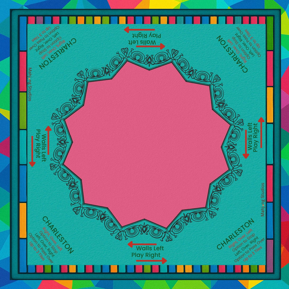 A square board game map or playmat with a bright pink central play area, teal outer field, decorative border, and multicolored street names around the edges including Charleston, New Orleans, and Miami. Arrows indicate play directions around the board.