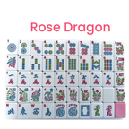 A set of Mahjong tiles arranged in a grid on a white background, with the text 'Rose Dragon' in pink at the top. The tiles are white with multicolored Chinese characters and symbols, and one pink tile is visible in the bottom-right corner.