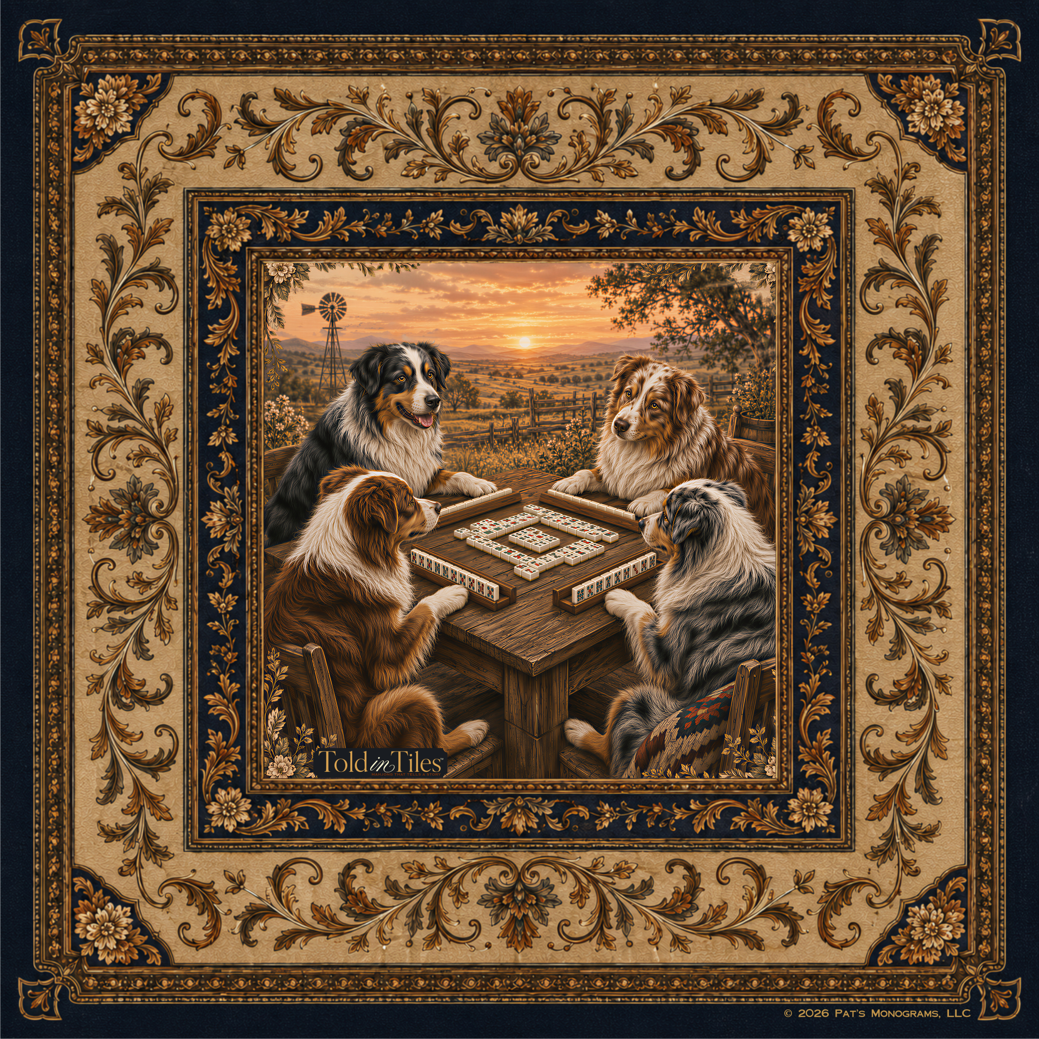 Sundown at The Table — Australian Shepherd Mahjong Mat | Paws & Tiles Collection - PREORDER — Told in Tiles