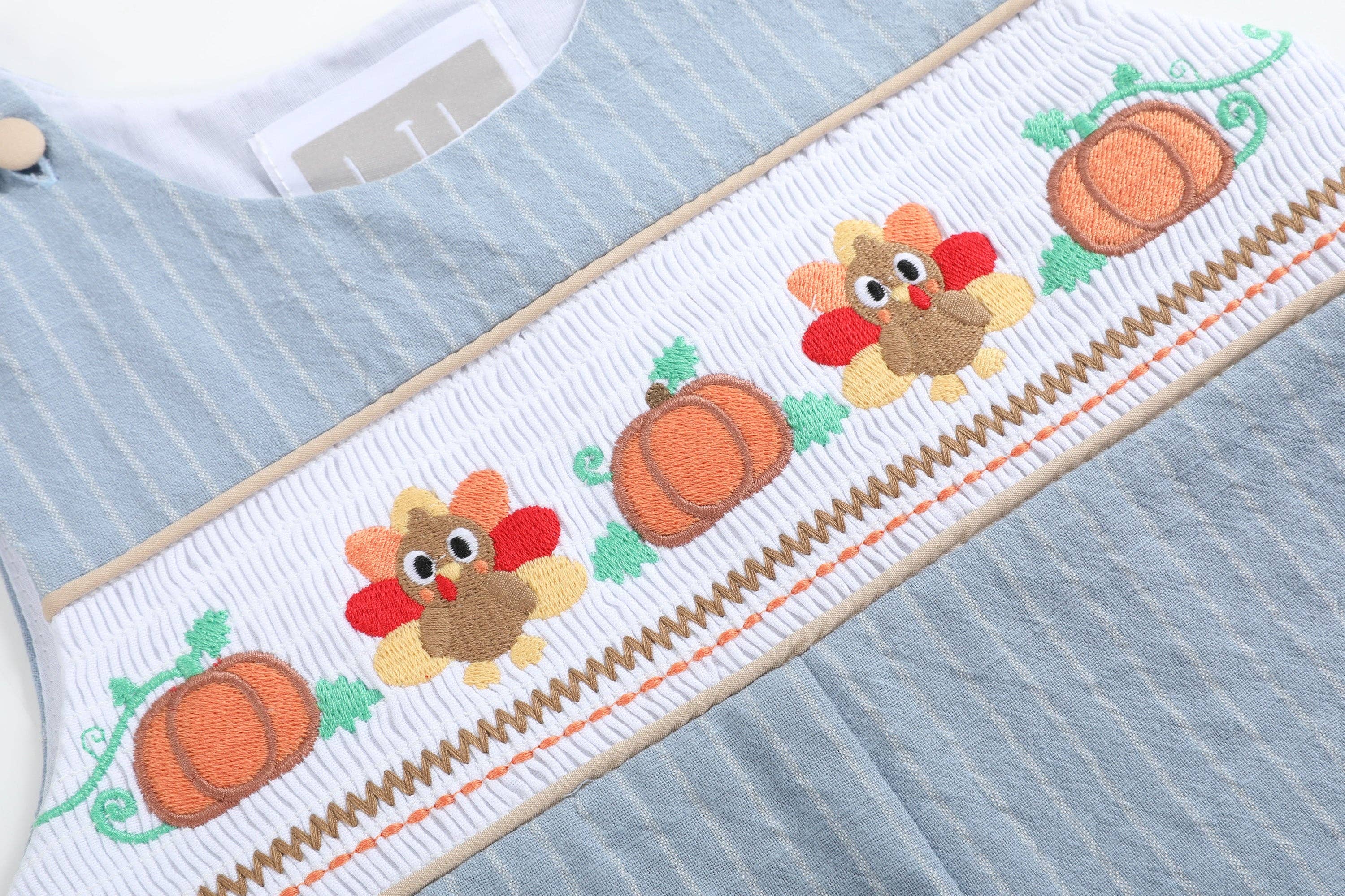 Light Blue Pinstripe Turkey Smocked Overalls — Lil Cactus Baby & Toddler Outfits