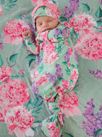 SoftSnooze™ Baby Girls Bamboo Viscose Sage Garden Ruffle Knotted Sleep Gown & Bow Hat Set