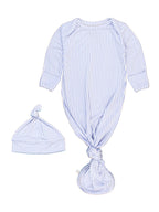 SoftSnooze™ Baby Boys Bamboo Viscose Periwinkle & White Micro Stripe Knotted Sleep Gown & Hat Set