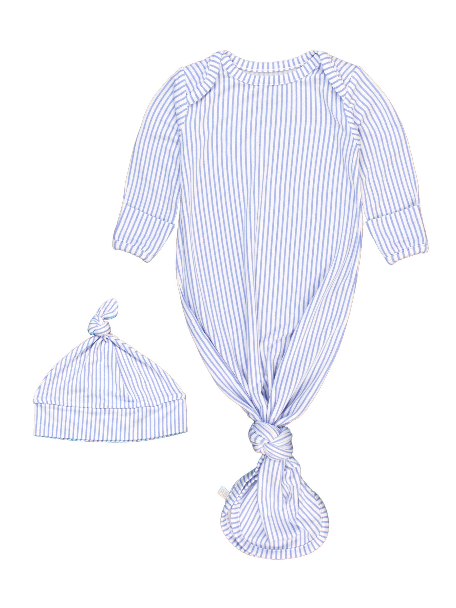 SoftSnooze™ Baby Boys Bamboo Viscose Periwinkle & White Micro Stripe Knotted Sleep Gown & Hat Set