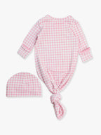 SoftSnooze™ Baby Girls Cotton Modal Pink Gingham Ruffle Knotted Sleep Gown & Bow Hat Set