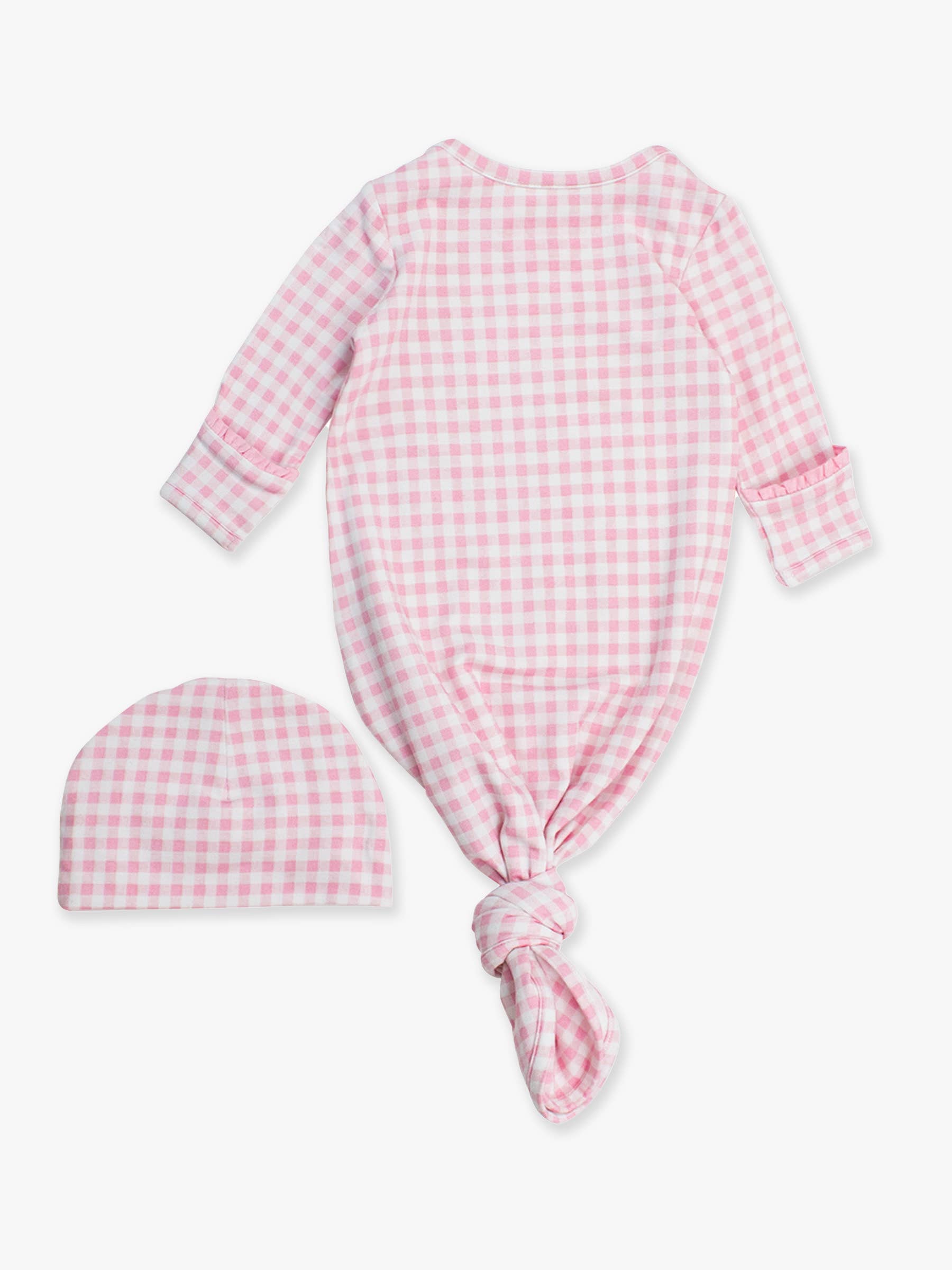 SoftSnooze™ Baby Girls Cotton Modal Pink Gingham Ruffle Knotted Sleep Gown & Bow Hat Set