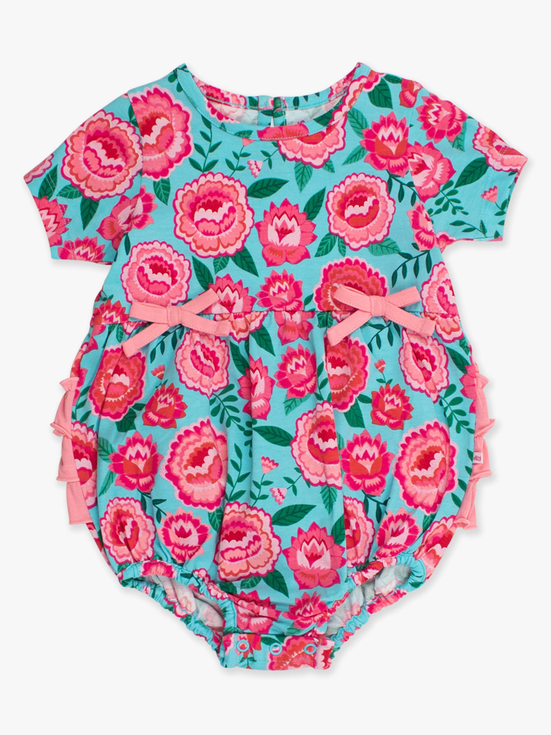 Baby Girls Bright Blossoms Knit Short Sleeve Bow Bubble Romper — RuffleButts + RuggedButts Baby & Toddler Outfits
