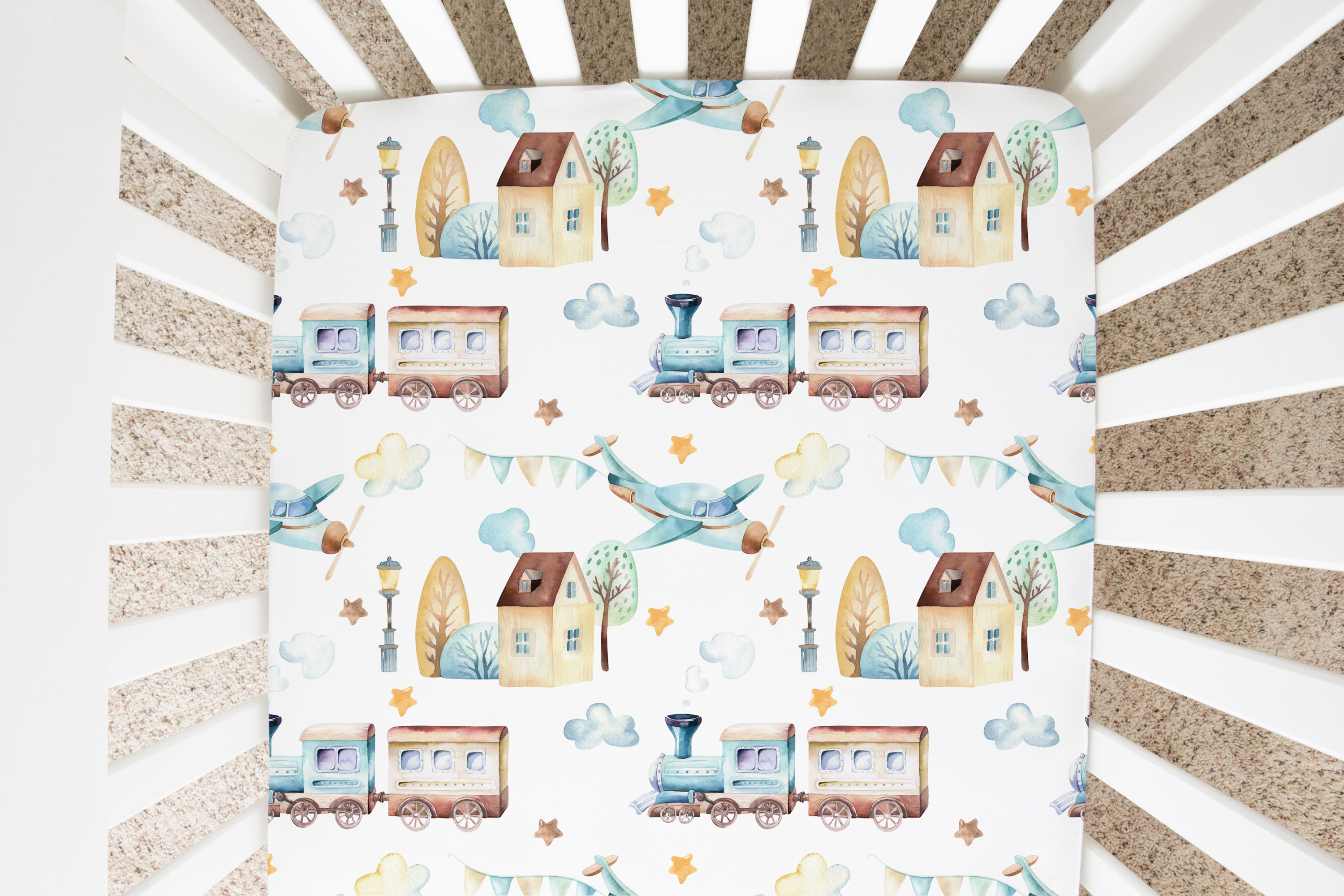 Fitted Crib Sheet - Airplane & Train - Premium Just for baby from Honey Lemonade - Just $29.95! Shop now at Pat's Monograms