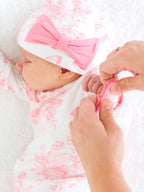 SoftSnooze™ Baby Girls Bamboo Viscose Pink Butterfly Garden Toile Ruffle Knotted Sleep Gown & Bow Hat Set