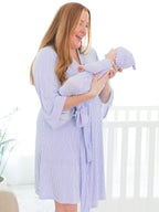 SoftSnooze™ Baby Boys Bamboo Viscose Periwinkle & White Micro Stripe Knotted Sleep Gown & Hat Set