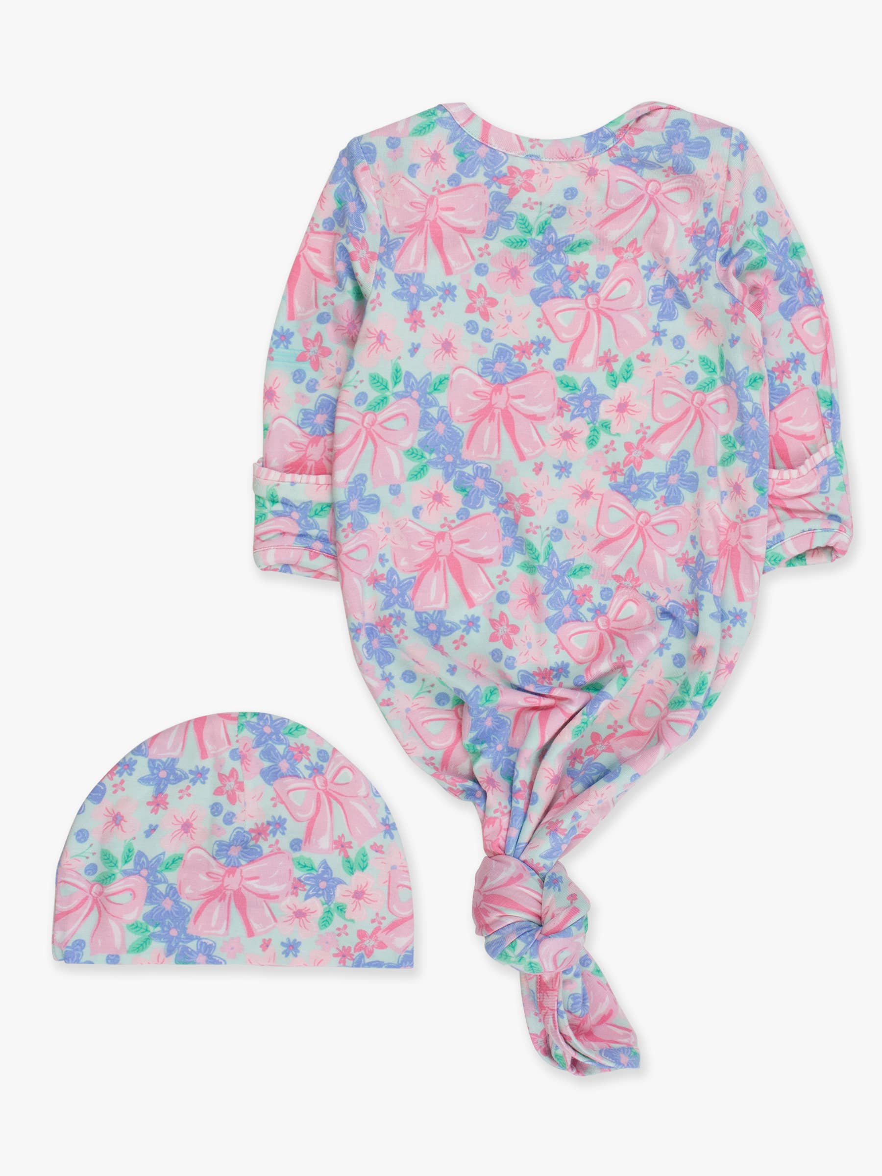 SoftSnooze™ Baby Girls Bow Blooms Ruffle Knotted Sleep Gown & Bow Hat Set — RuffleButts + RuggedButts Baby Sleepwear