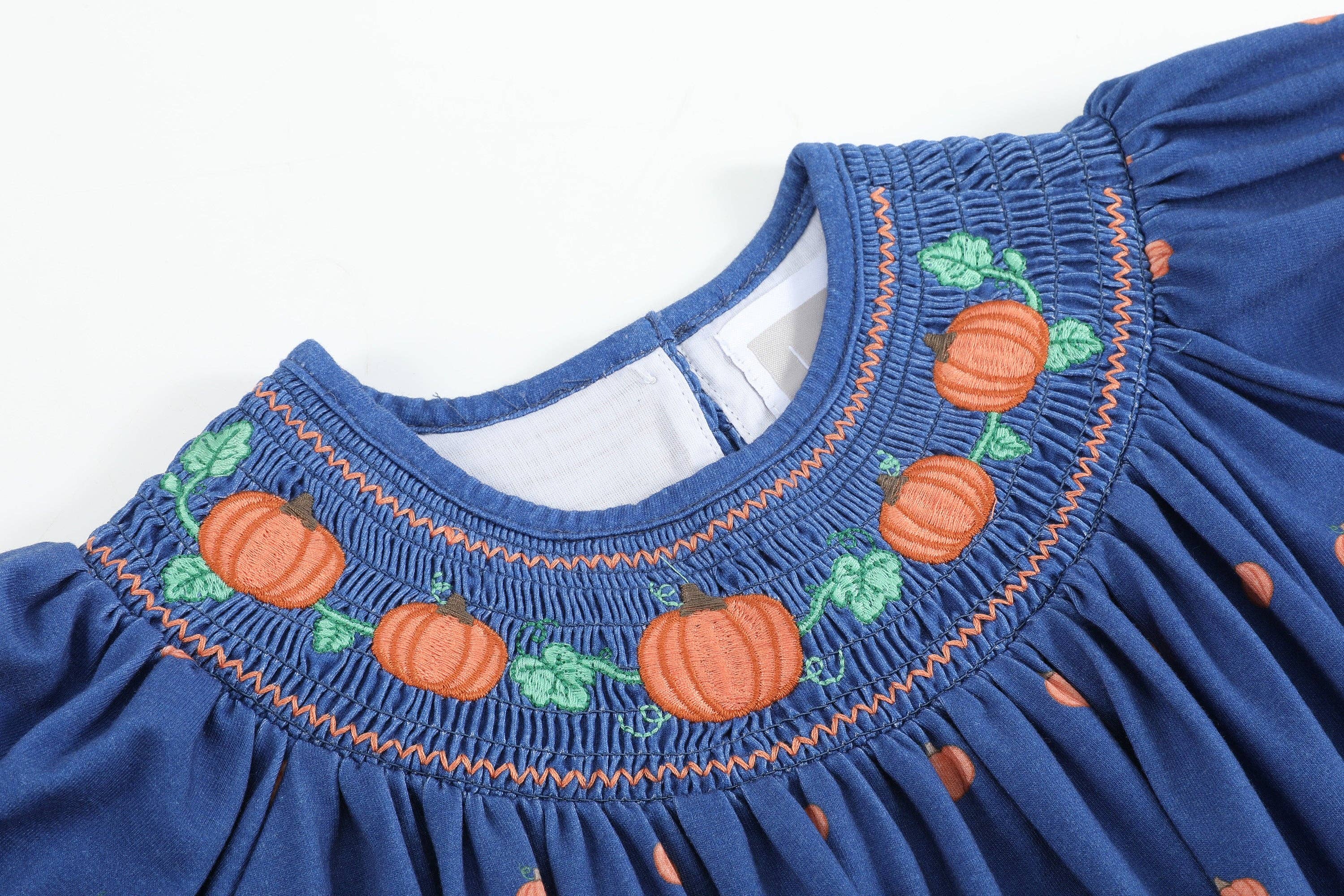 Blue Pumpkin Print Knit Smocked Bishop Dress — Lil Cactus Baby & Toddler Dresses